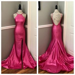 NEW JOVANI SZ 0 HOT PINK METALLIC NUDE ILLUSION FORMAL EVENING GOWN
